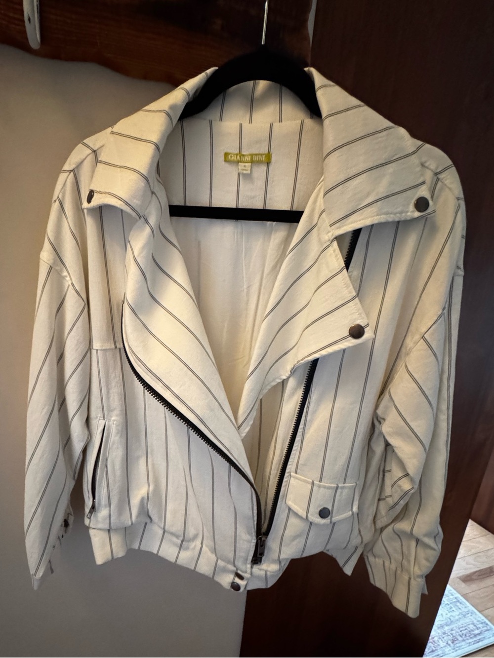 Gianni Bini Cream Pinstripe Moto Bomber Jacket